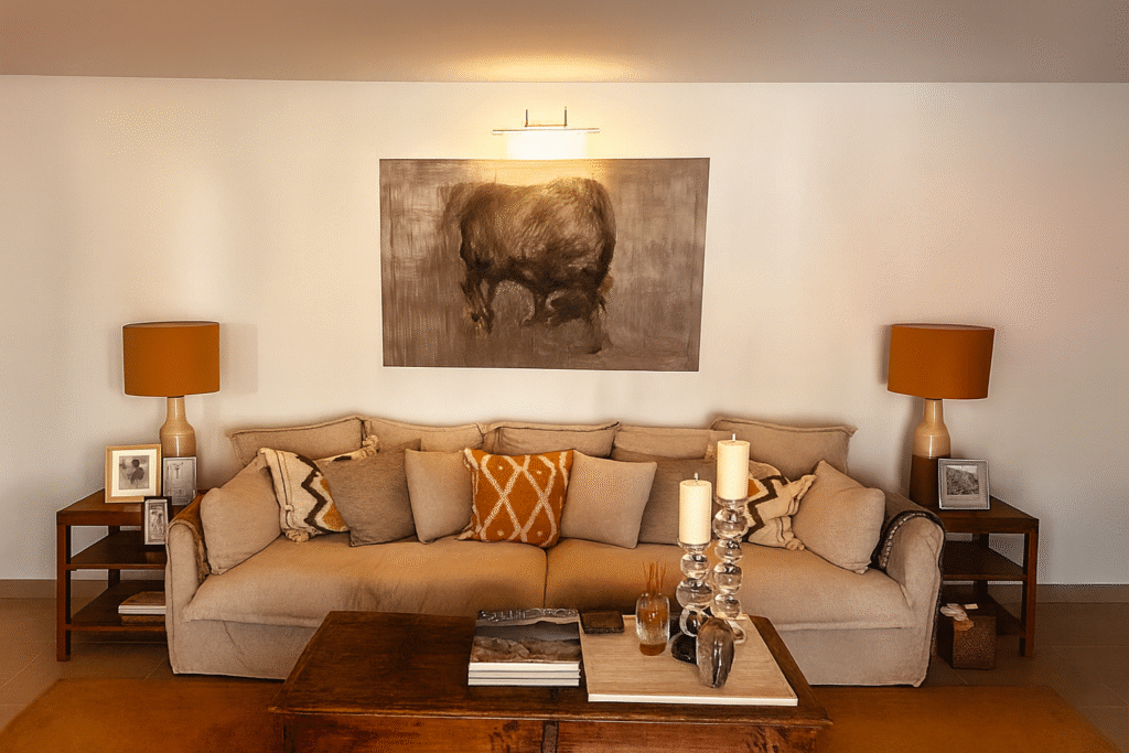 Gemütliches Wohnzimmer mit beigem Sofa, orangefarbenen Kissen und Lampen, Holztisch und Stiergemälde.