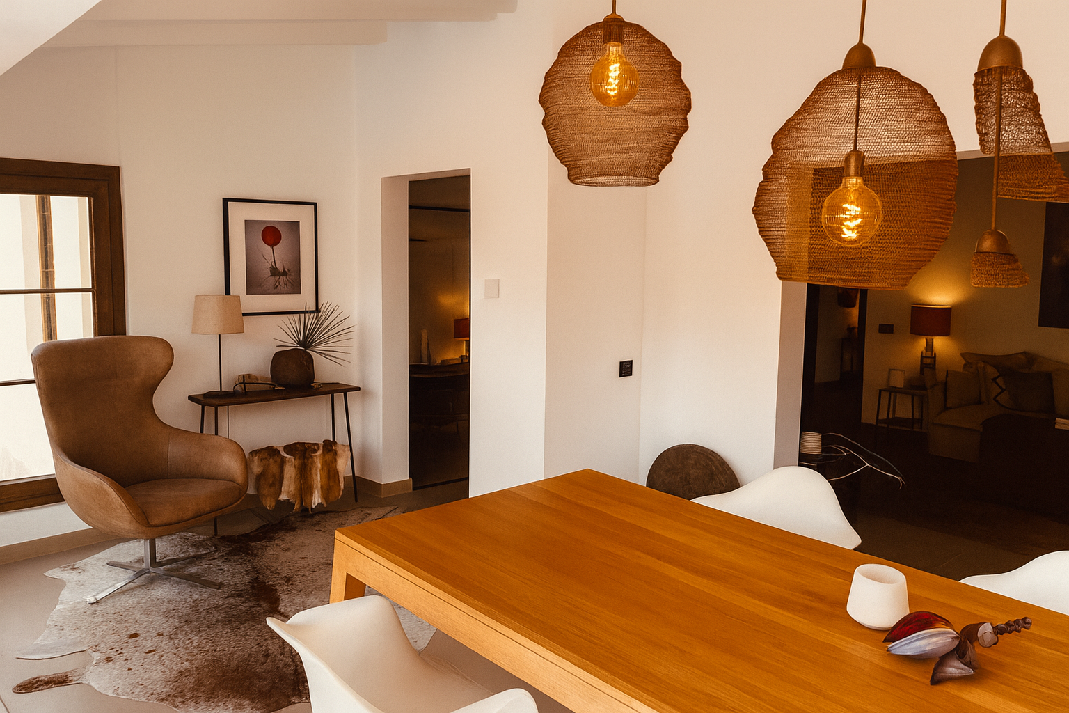 Ein stilvoller Wohnraum mit Holztisch, weißen Stühlen, braunem Sessel und warmem Licht.