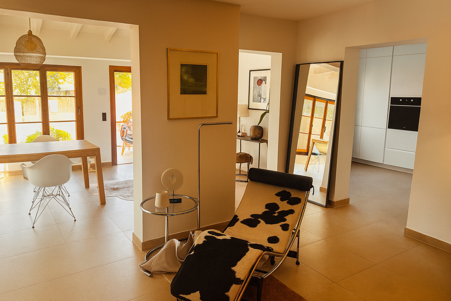 Stilvoller Wohnbereich mit Kuhfell-Liege, Holztisch, großem Spiegel und viel natürlichem Licht.